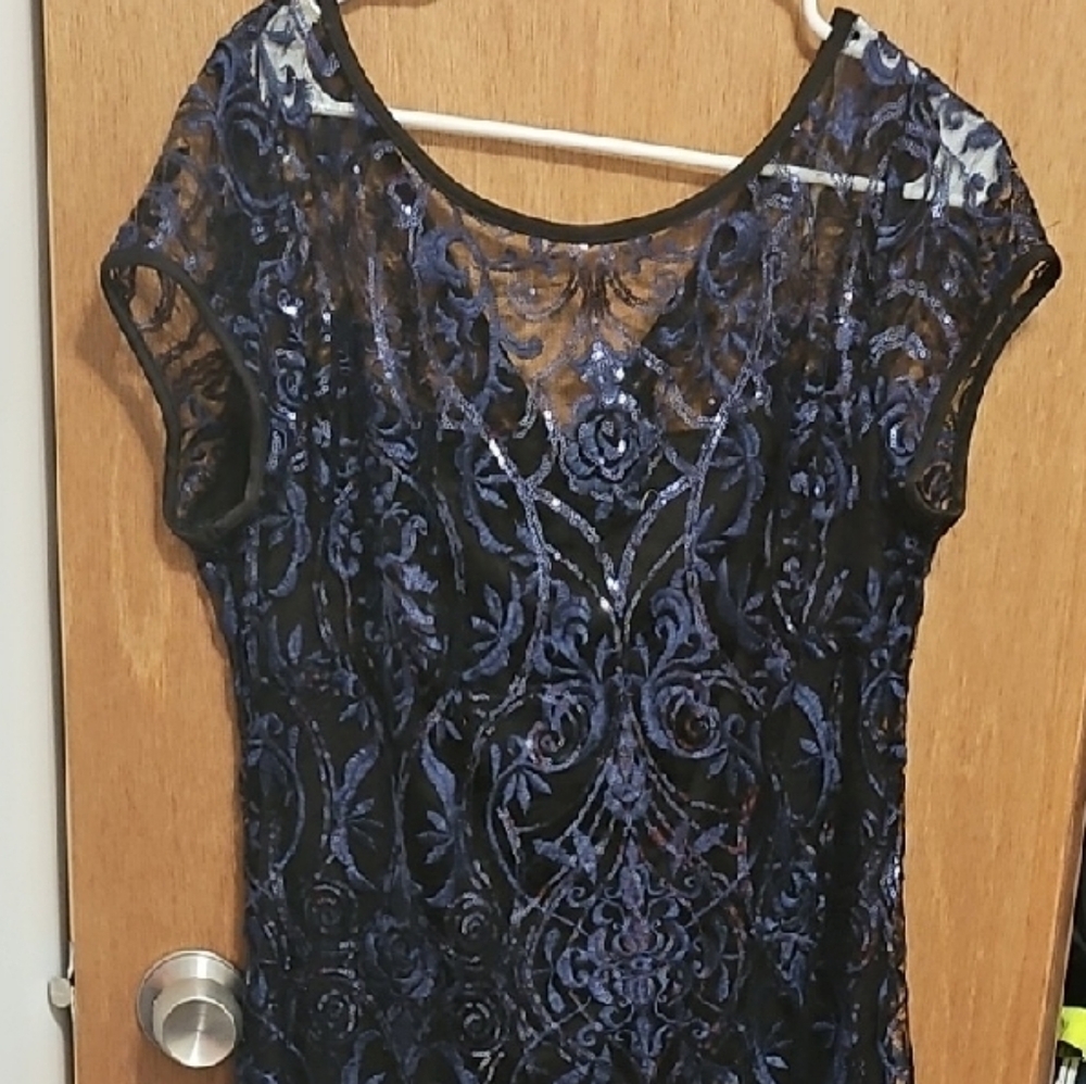 Connected Apparel Navy Floral Lace Mini Dress